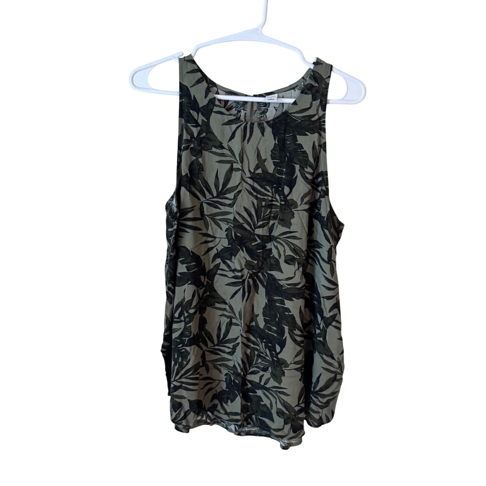 Old Navy Womens L Olive Green Black Tropical Leaf Sleeveless Shell Tank‎ Top